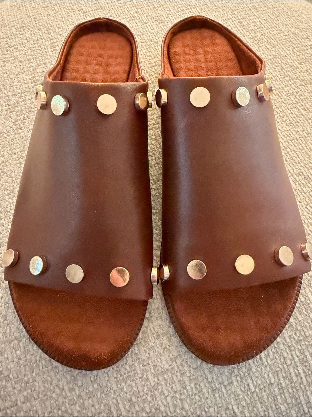 NEW Kelsi Dagger Brown Leather Slide Sandals Gold Studs Brooklyn Reef 6.5 37